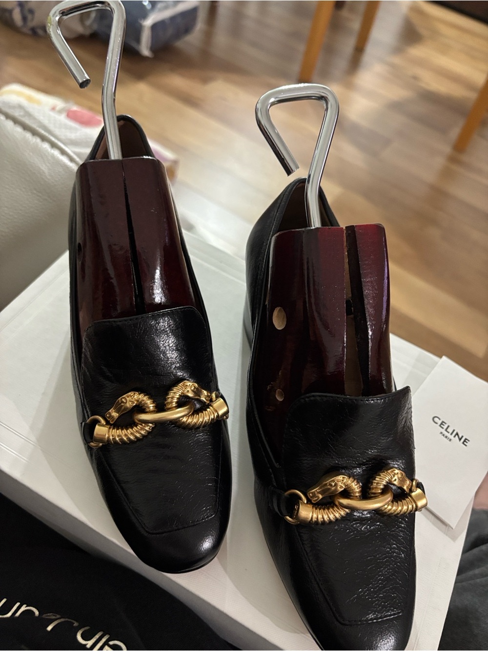 Celine Black Leather Loafers with Gold Horsebit Detail
